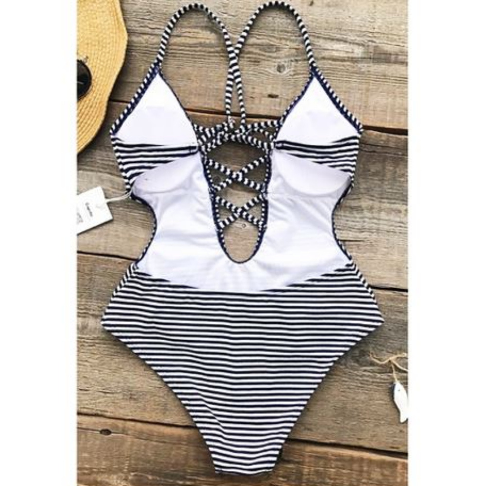 NWT! Lace Up Striped One-piece Swimsuit - Picture 2 of 5